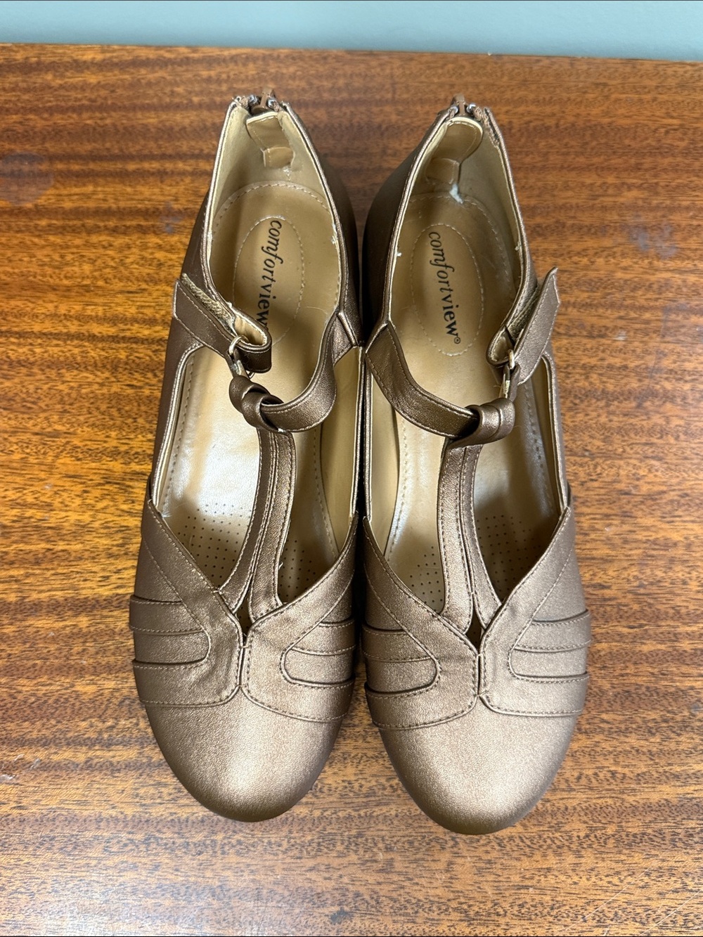 comfortview Metallic Bronze T-Strap Heels - Picture 2 of 5